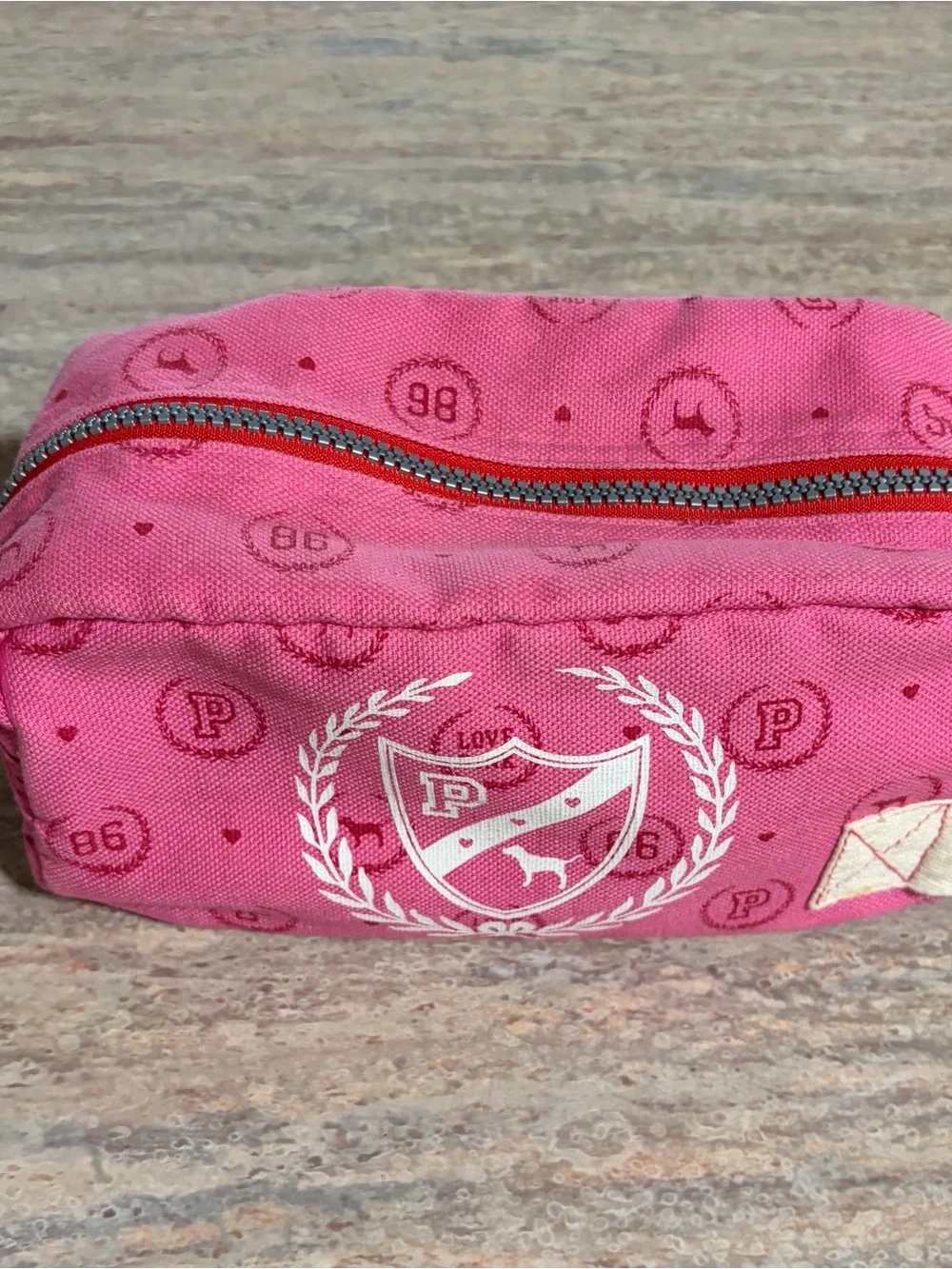 Pink Victoria’s Secret Vintage Pink and White Pouch with Crest and Dog Logo